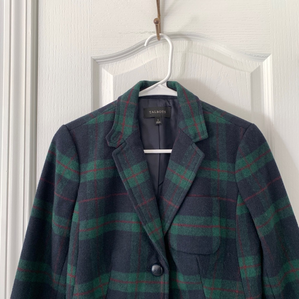 Talbots Navy Green‎ Plaid Wool Blend Blazer Jacket Size 2 Three Button Classic - Picture 2 of 11